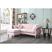 Hollywood 81 in. Pink Velvet Chesterfield Sectional Sofa with 2-Throw Pillow-Color:Pink,Material:Velvet