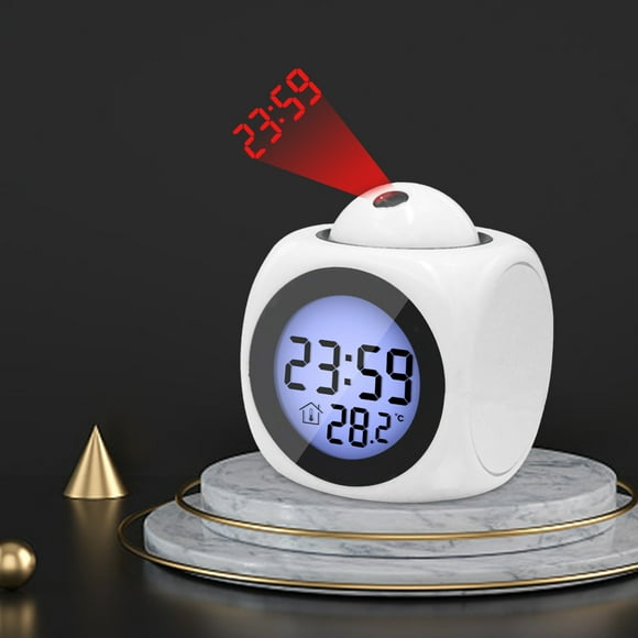 Xihbxyly Reloj de Proyección con Espejo, Pantalla Led Grande, Función de Silencio, Proyección Nítida, 5 Opciones de Alarma Musical, Visualización de Temperatura Interior, Función de Repetición E Info