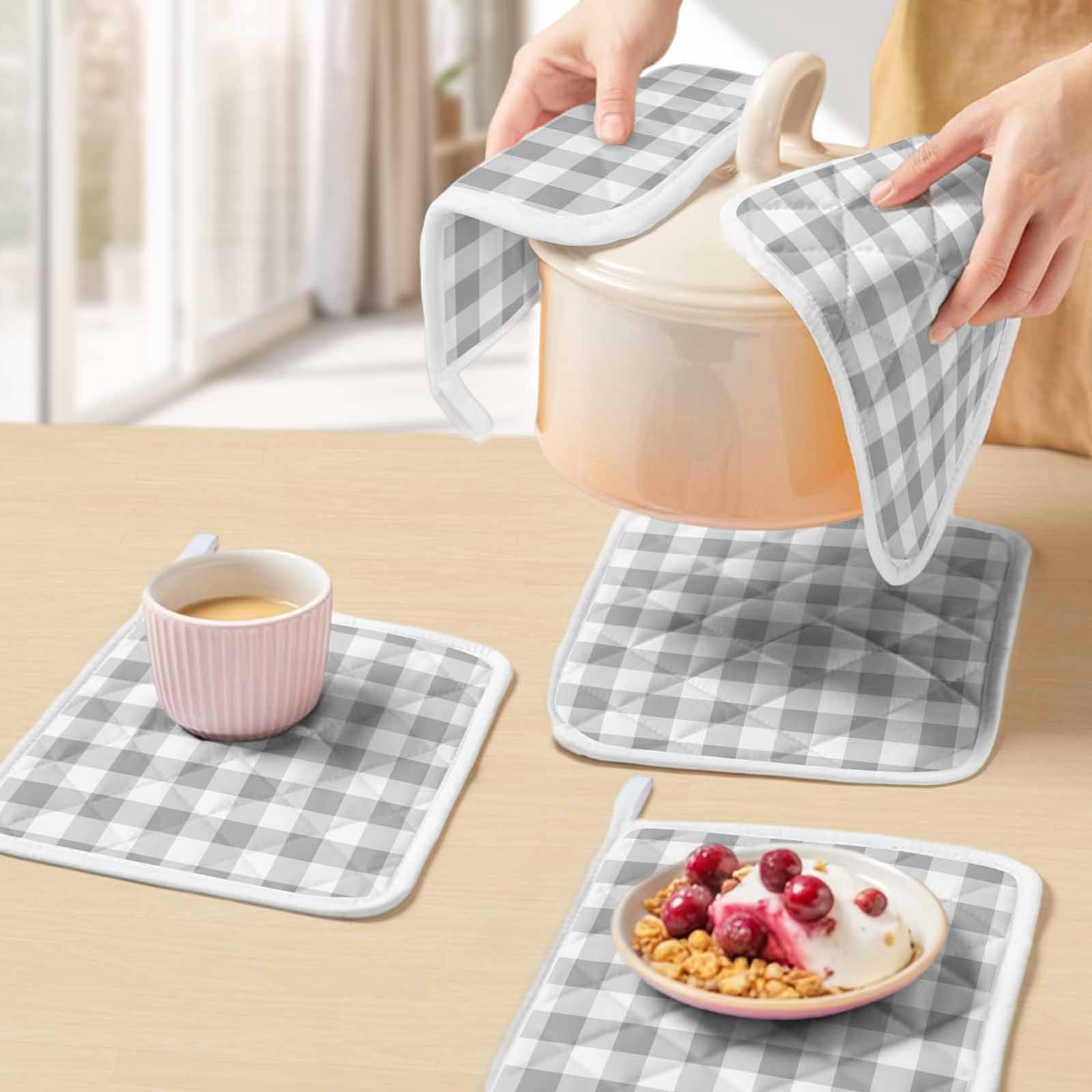 Grey Plaid Pot Holders for Kitchen Heatproof Potholder, 3 Pack Gradient Geometric Buffalo White Checkered Hot Pads Multipurpose Oven Pads Cloth Potholders Trivet for Cooking Baking