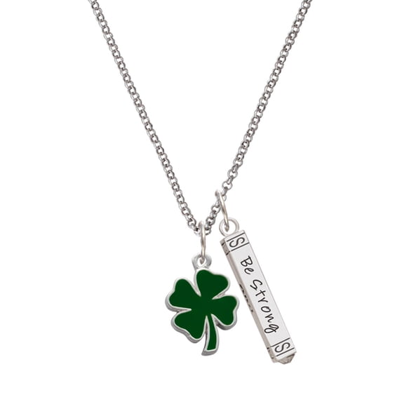 Delight Jewelry Silvertone Two Sided Green Enamel Lucky Four Leaf Clover Silvertone Be Strong and Courageous Bar Charm Necklace, 23"
