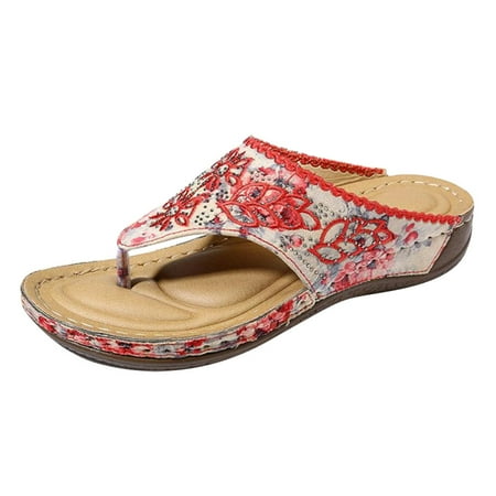 

Follure Girl women s casual shoes Summer Flip Flops Fashion Flower Causal Wedges Embroidery Women Shoes Red 39