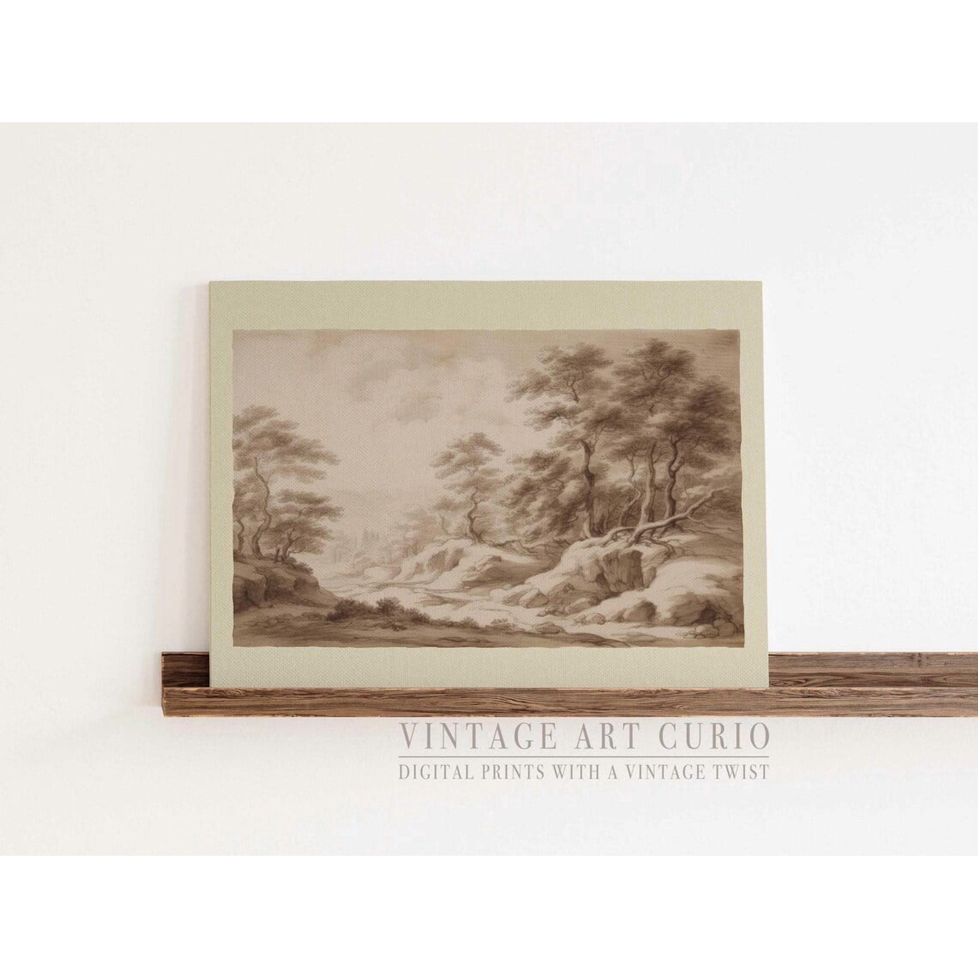 Vintage Landscape Sketch Art Sepia Nature Drawing Antique Woodland Print Cottagecore Wall Decor SKDR027 Unframed Paper Print