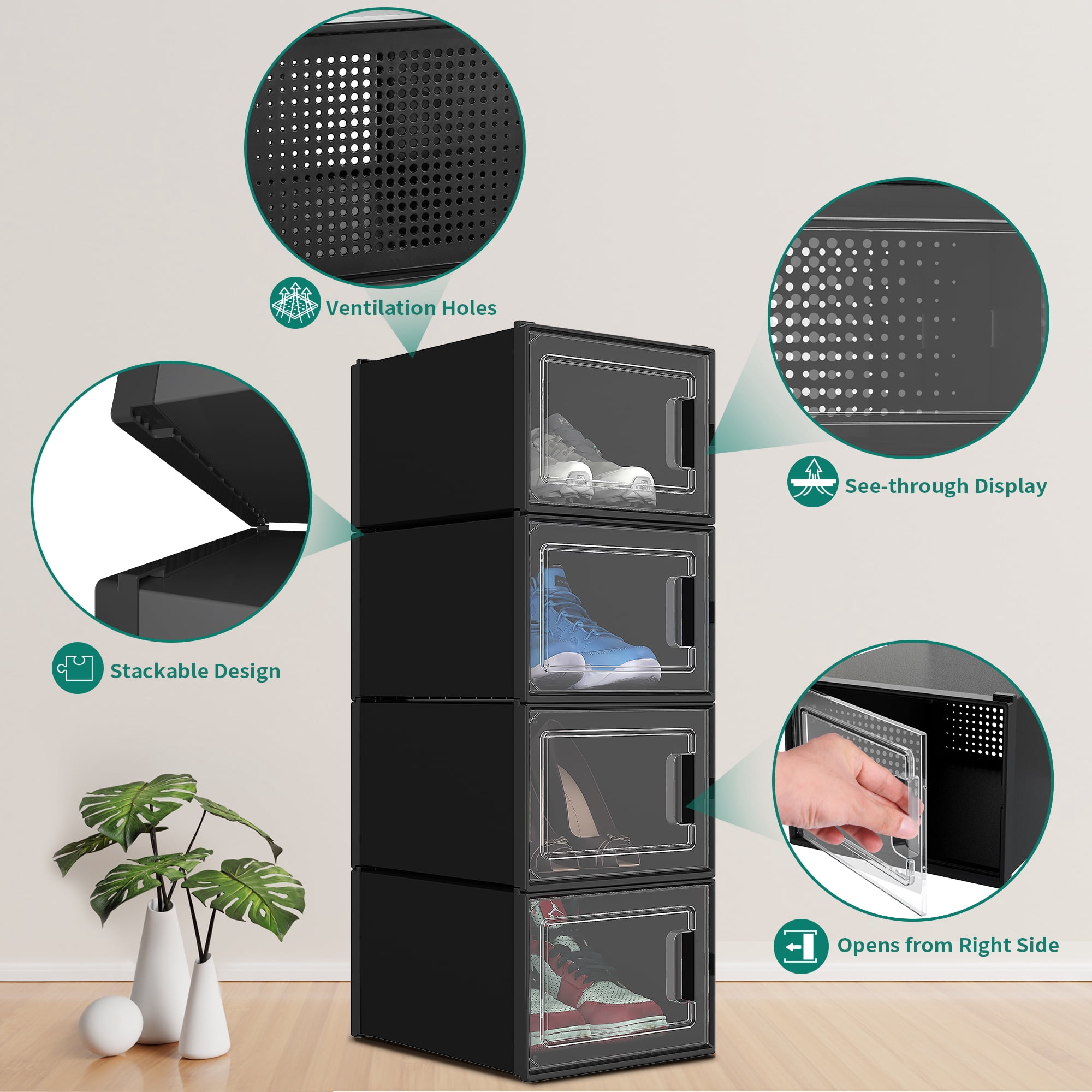 Uforic 36 PCS XL Shoe Storage Box Large Shoe Organizer Storage Stackable Shoe Box Rack Containers Shoe Storage Containers for Closet Clothes Kids Toy Under Bed Black