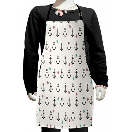 Anchor Kids Apron, Anchors and Colored Hearts Sailor Holiday Escape Seaside Explore Life, Boys Girls Apron Bib with Adjustable Ties for Cooking Baking Painting, Eggshell Charcoal Grey, by Ambesonne