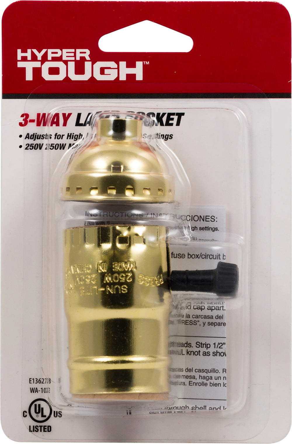 (4 pack) Hyper Tough 3-Way Lamp Socket, Brass Finish, 52213, 1 piece