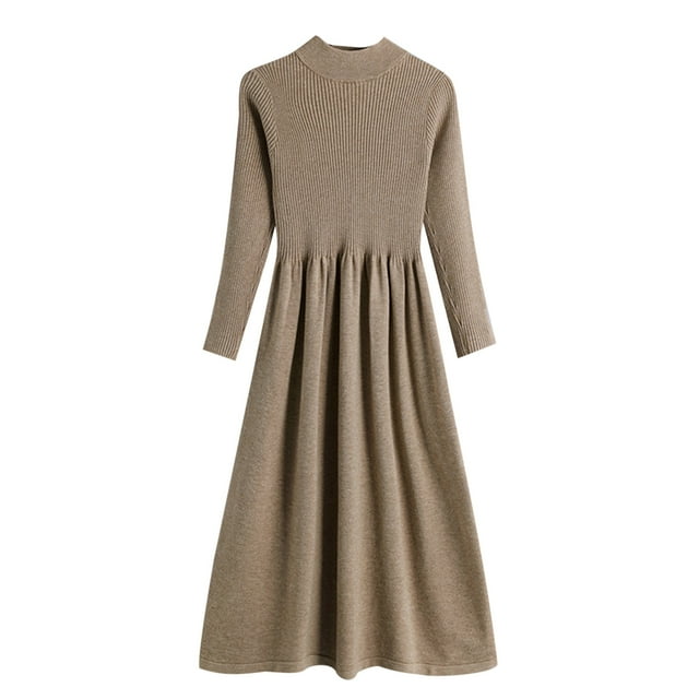 Pisexur Robes Chandails pour Femmes 2024 Tendance Couleur Unie Robe Midi en Tricot Côtelé Col Rond Robe à Manches Longues Mode Décontractée Robe d'Automne Ample Plissée Robes Chandails à Étages