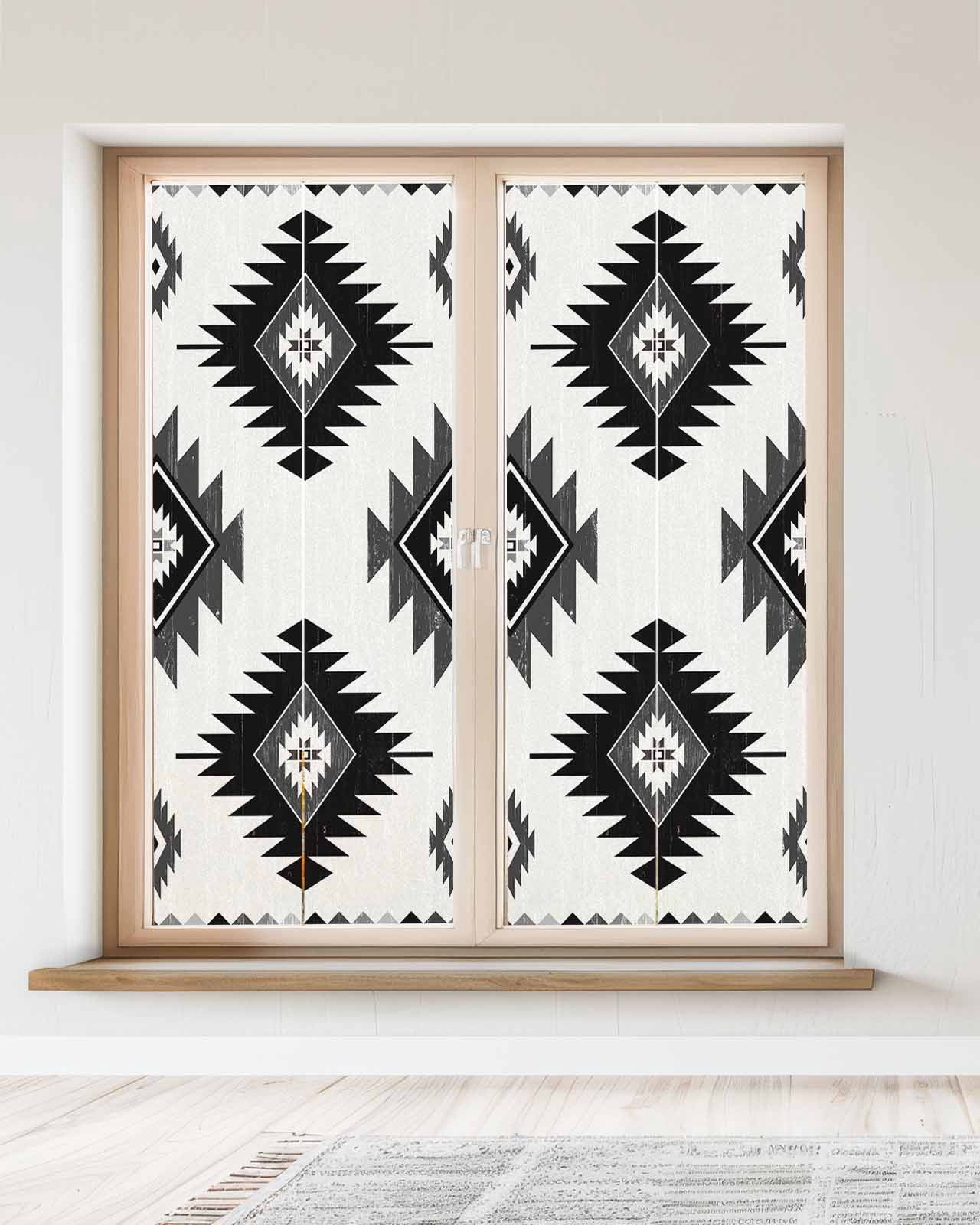 Window Privacy Film Black Aztec Stained Glass Window Film Decorative Sun Block Window Cover Southwest Boho Tribal Abstract Geometric Window Clings Static Adhesive Sticker for Bathroom 23.6"x59"