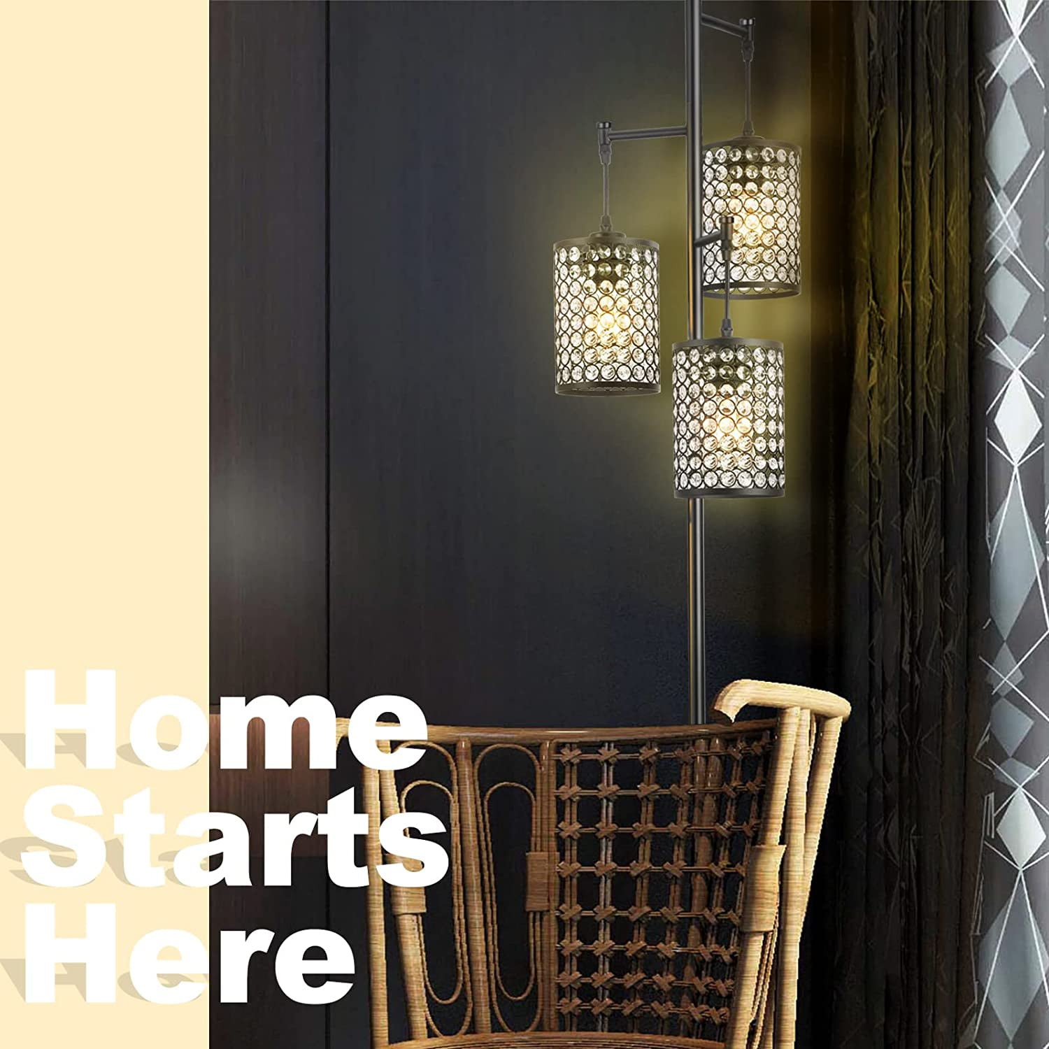 EE Eleven Master 3-Light Modern Black Tree Floor Lamp with Crystal Birdcage Shades