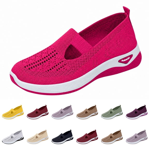 Nestiefly Orthopedic Shoes for Women Woven Wide Width Breathable Walking Slip On Non Slip Arch Support Sneakers Hot Pink US-6