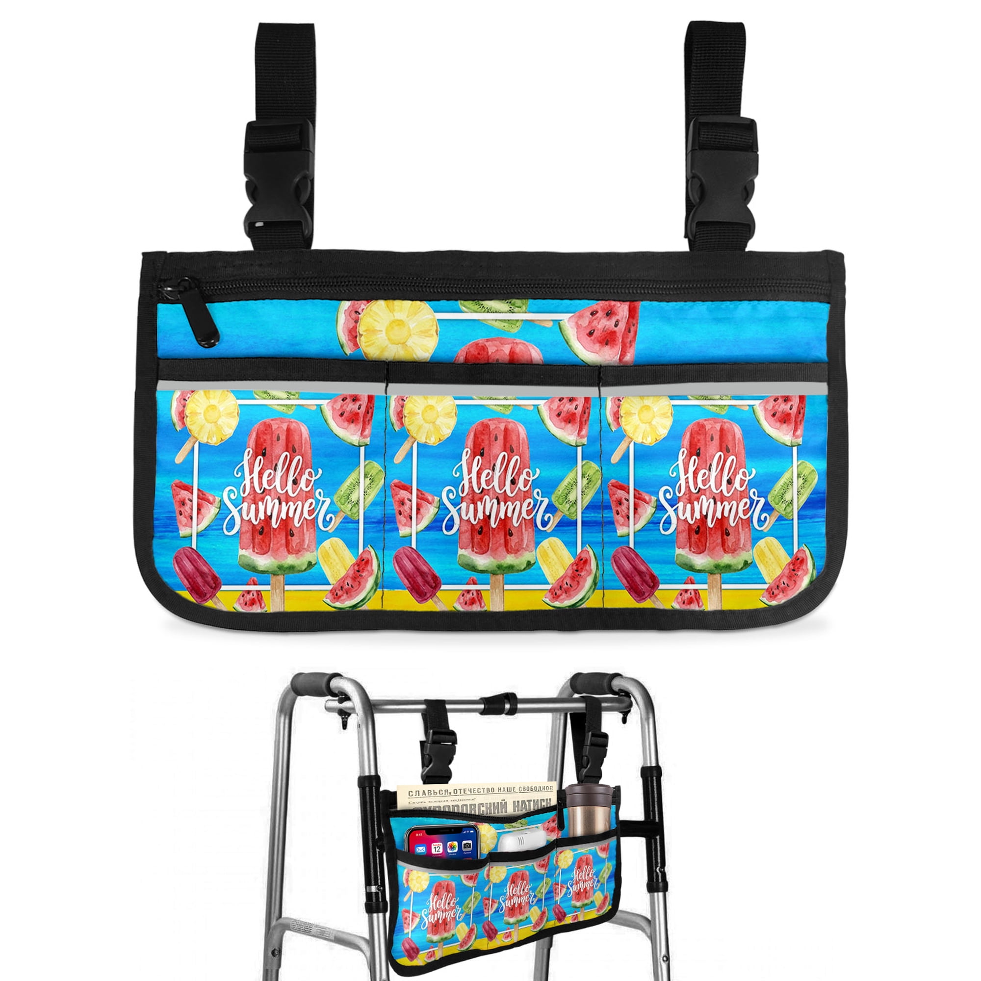 Hello Summer Wheelchair Side Bag with Cup Holder, Watercolor Watermelon Fruit Ice Cream Modern Wheelchair Armrest Bag Storage Pouch Adults, Seniors for Walkers, Rollator, Scooter