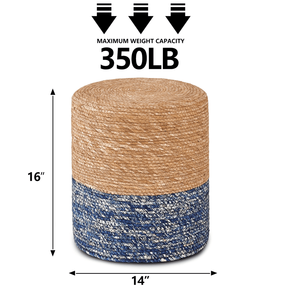 Tcbosik 14" Round Ottoman, Hand Weave Natural Seagrass Footrest, Boho Foot Stool, Small Accent Table for Living Room, Bedroom, Natural+Blue