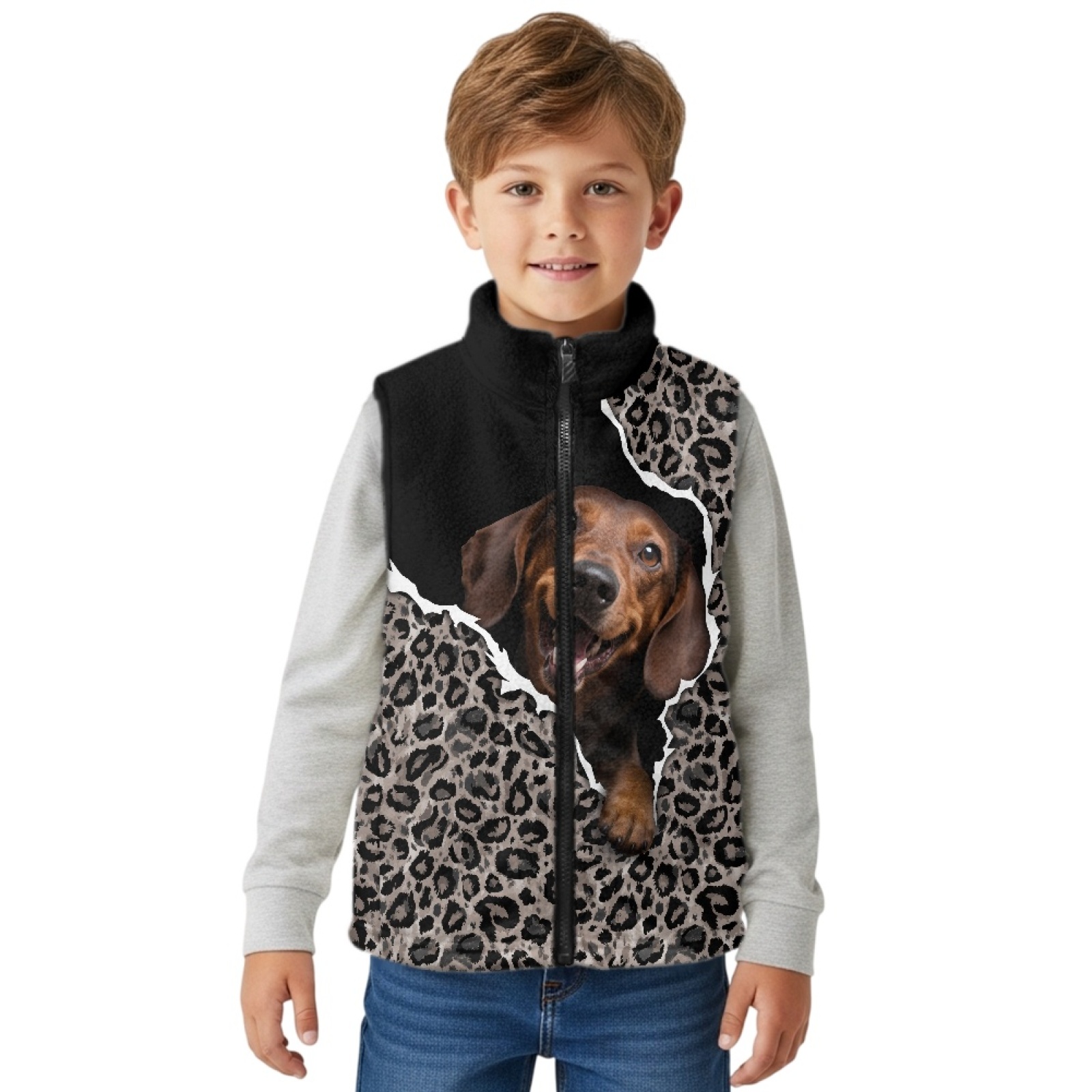 Xoenoiee Dachshund Leopard Print Fleece Outerwear Vests for Boys, Big Little Kids Sleeveless Zipper Coat Jacket Winter Spring Fall Warm Fleece Vest with Pockets, Size 3T