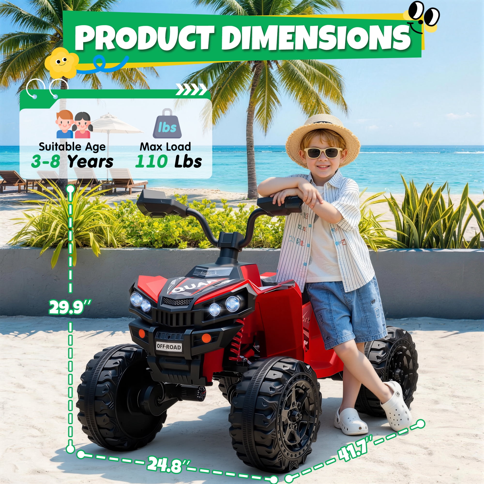 24V Kids Ride On ATV for Ages 3-8, 4WD Electric Quad with 4 Motors, Bluetooth Music, LED Lights, Spring Suspension, 3-5 km/h, 110 lbs Capacity, Battery Powered Toy for Boys Girls, Red
