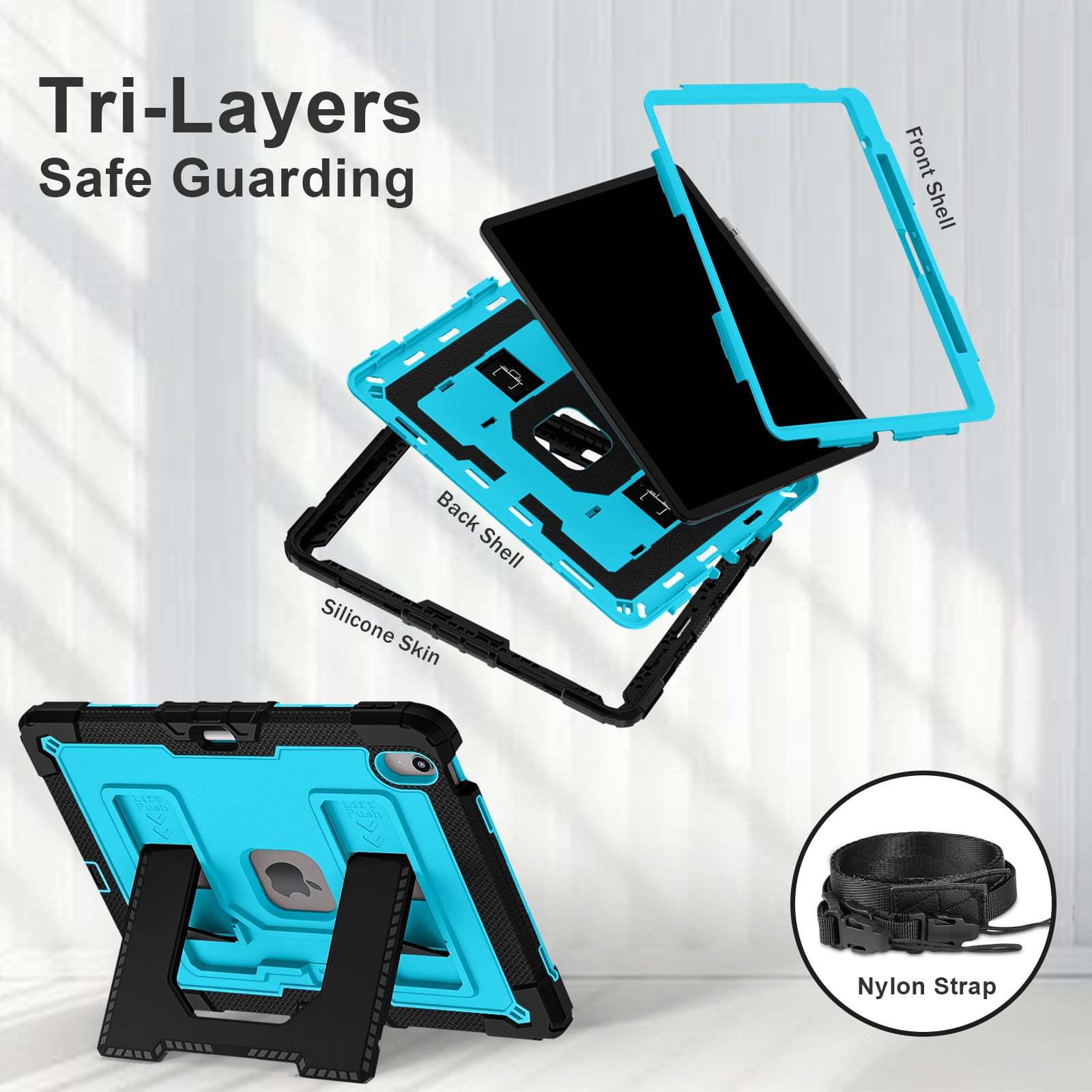 ELEHOLD 3-Layer Rugged Case For Apple iPad Air 13‑inch (M4) 2026, Heavy Duty Shockproof Logo Visible Foldable Kickstand Drop Protection Cover with Pencil Holder + Shoulder Strap, Black+Blue