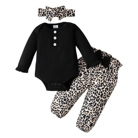 

ZRBYWB Toddler Long Sleeve Solid Color Jumpsuit With Leopard Print Printed Pants Set Suitable For From 0 To 24 Months Old Baby Clothes