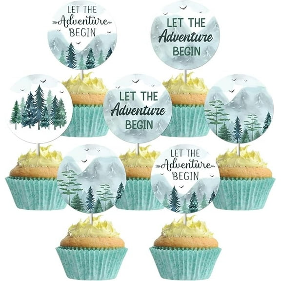 Adventure Baby Shower Decorations, 24Pcs Let the Adventure Begin Cupcake Toppers, Forest Mountain Adventure Birthday Party Supplies