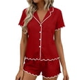 thumbnail image 6 of DYTTDG Solid Color Pajama Set for Women Short Sleeve Flouncing Cuff Shirt with Short Pajama Pant Set Soft Button Down & Drawstring, 6 of 6