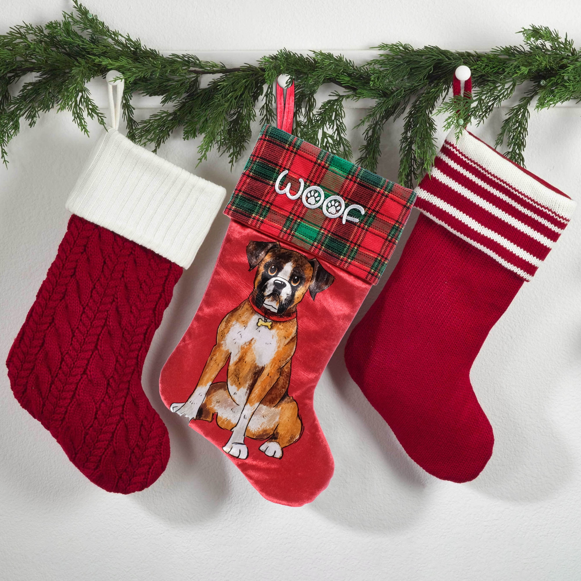ASPCA, Boxer 20 inch Velour Christmas Stocking, Red, Multi-Color