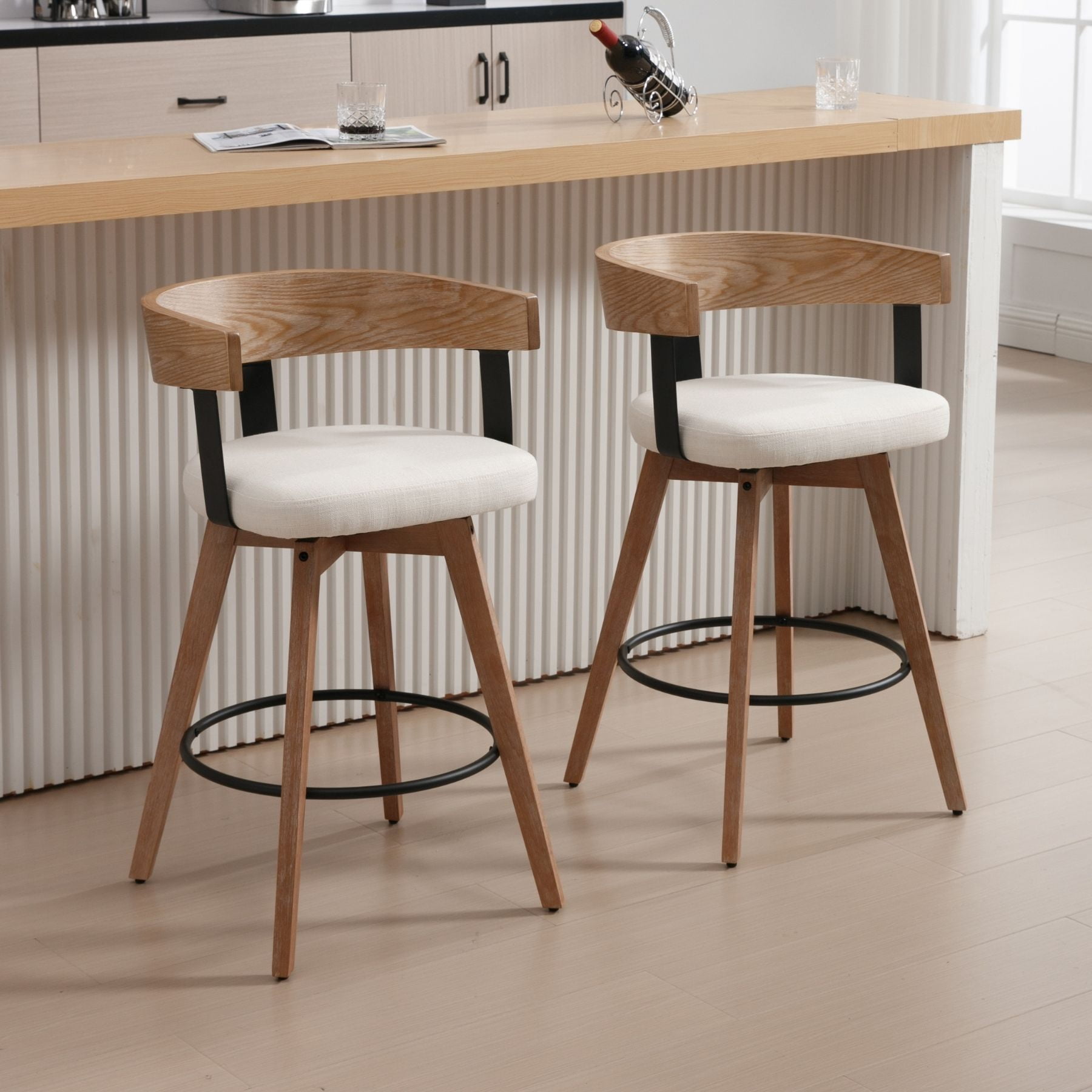 Dayalane Mid Century Modern Bar Stools Set of 2, 26" Swivel Counter Stools with Barrel Back, Linen Upholstered Barstools with Wood Legs for Kitchen Island, Dining Room, Home Bar, White