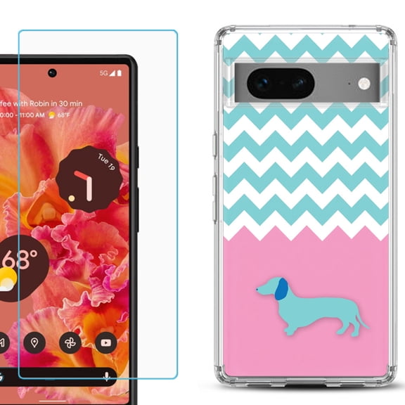 Slim-Fit Gel TPU Phone Case for Google Pixel 7, with Tempered Glass Screen Protector, by OneToughShield ® - Chevron/Dachshund/Puppy