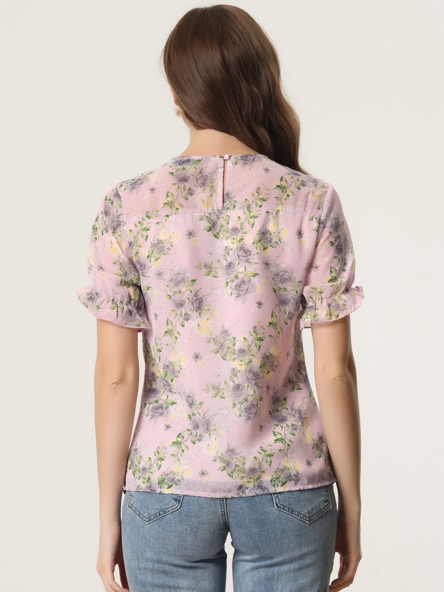 DARING DIVA Chiffon Ruffled Trim Floral Blouse Top S Pink Grey