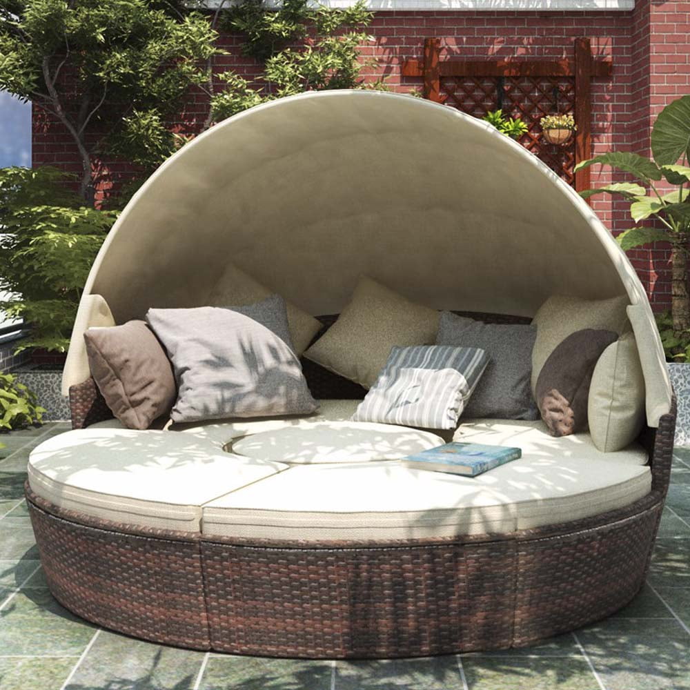 Outdoor Conversation Sets Round Patio Daybed Sunbed With Retractable Canopy And Beige Cushion
