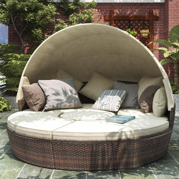 Outdoor Conversation Sets Round Patio Daybed Sunbed With Retractable Canopy And Beige Cushion Rattan Wicker Furniture Sectional Sofa Set For Garden Backyard Pool W7879 Com - Round Patio Cover Sets