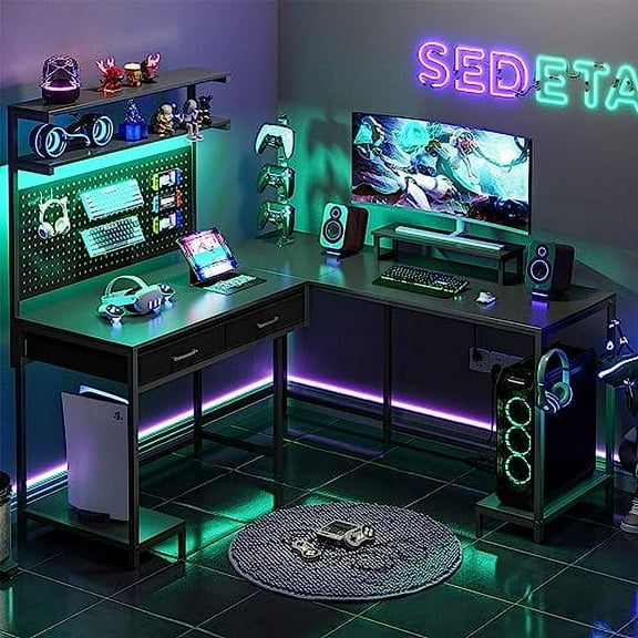SEDETA L Shaped Gaming Desk with LED Lights, Pegboard and Drawers, Gaming Desk with Hutch, Computer Desk with Monitor Stand, Storage Shelves, Home Office Desk Corner Desk, Gaming Table, Black