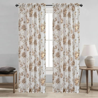 Anna Sheer Metallic Floral Rod Pocket Window Panel, Brown, 54x84 Inches