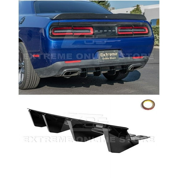 Replacement For 2015-Present Dodge Challenger All Models | SRT Factory Style Rear Bumper Dual Tips Exhaust Diffuser (ABS Plastic - Painted Glossy Black)
