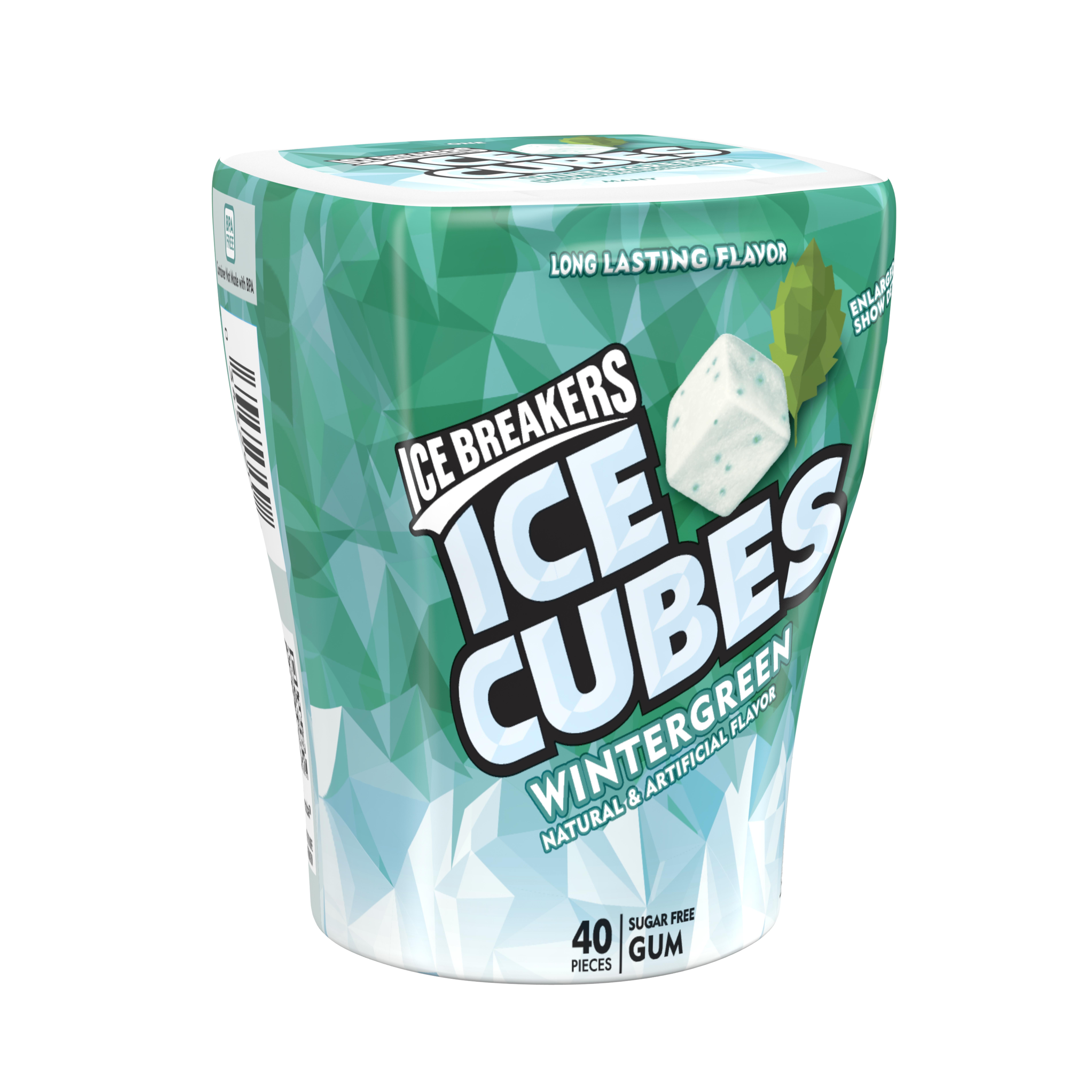 ICE BREAKERS ICE CUBES Wintergreen Sugar Free Chewing Gum, Made with Xylitol, 3.24 oz, Bottle (40 Pieces)