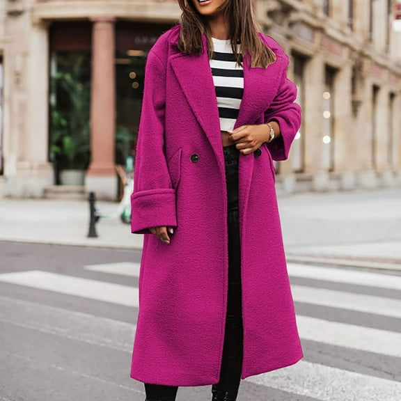 Women's Casual Solid Color Wool Coat with Suit Collar Long Sleeve Fashionable Outerwear