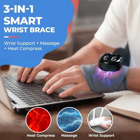 Hand Massager with Heat and Compression - Cordless Wrist Support Brace for Carpal Tunnel, Arthritis Relief, Gray M