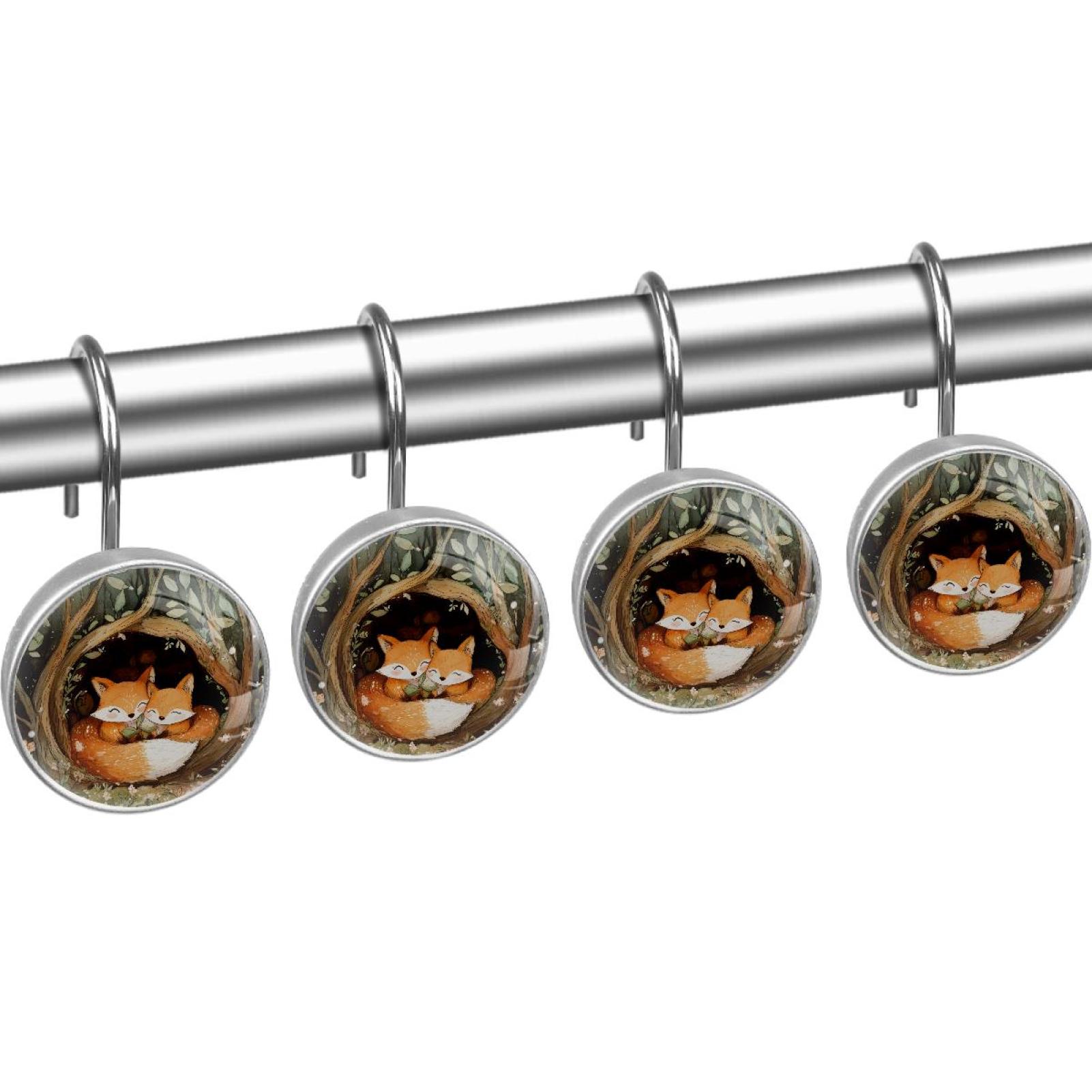 Foxes on Forest Cave Shower Curtain Hooks Round Crystal Glass, Set of 12 Shower Curtain Rings - Shower Hooks for Curtain Shower Rings