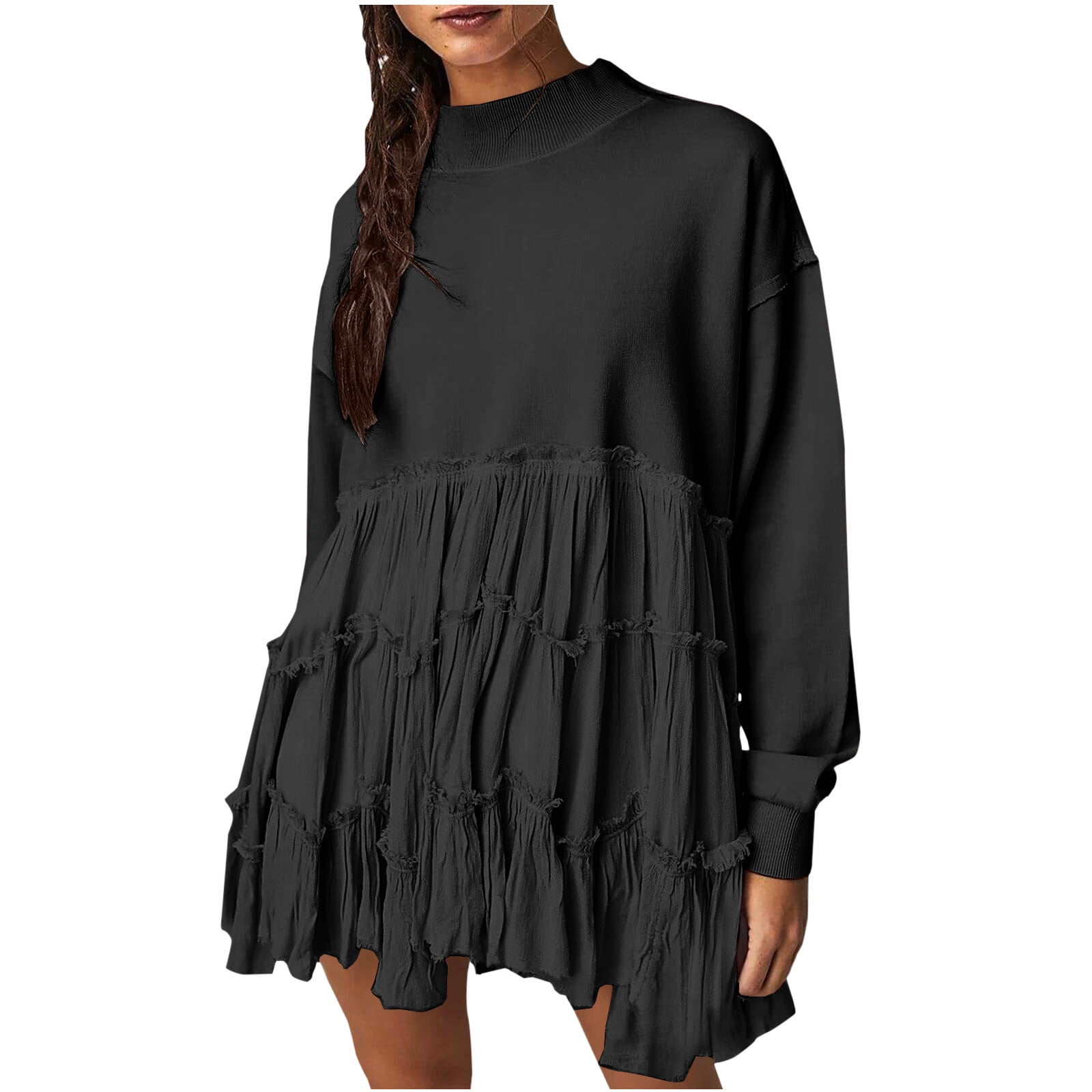 Women's Mini Babydolls Dress Sweatshirts Solid Color High Neck