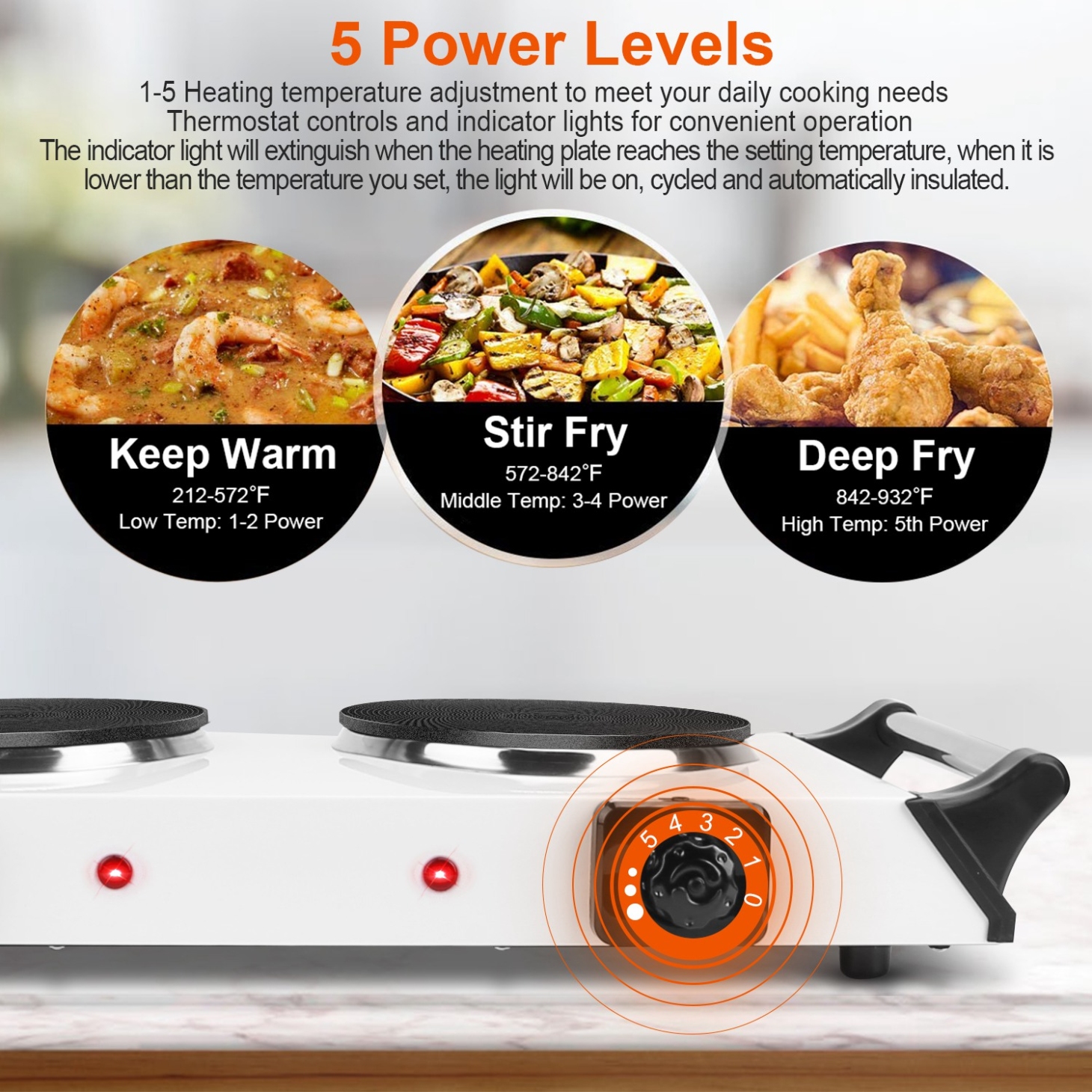 2000W Dual Burner Electric Hot Plate with 5 Temperature Settings, Portable Countertop Stove for All Flat Cookware, Portable Electric Stove for Dorms, RVs, Apartments