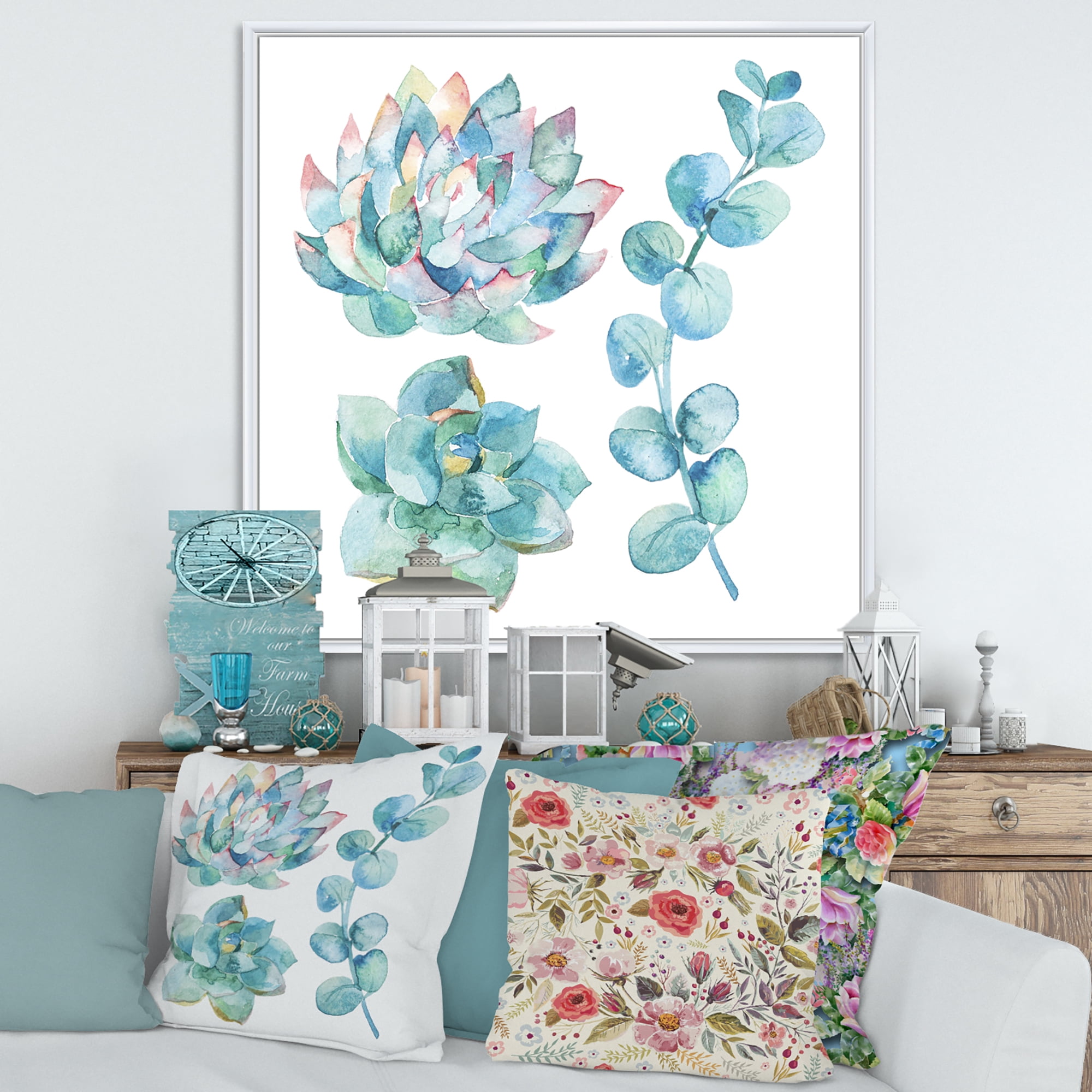 Designart 'Succulents and Eucalyptus Leaves' Traditional Framed Canvas Wall Art Print