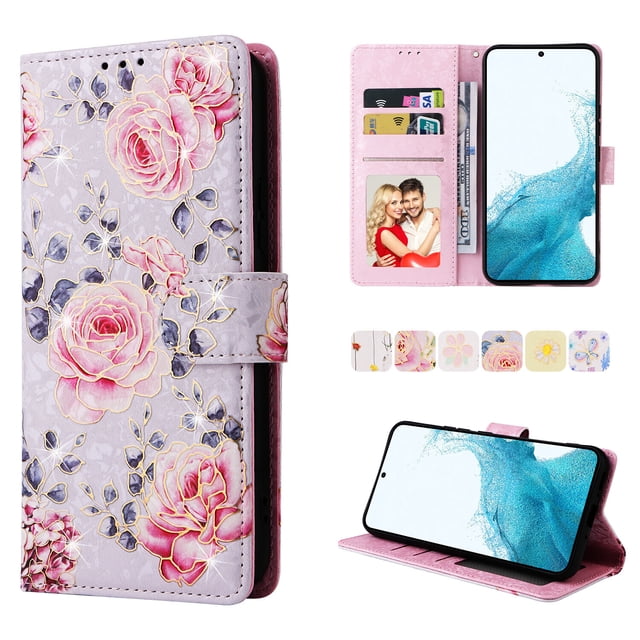 Compatible avec Samsung Galaxy S23 FE 5G Étui Rétro Fleur Dorée en Cuir PU Blocage RFID Portefeuille