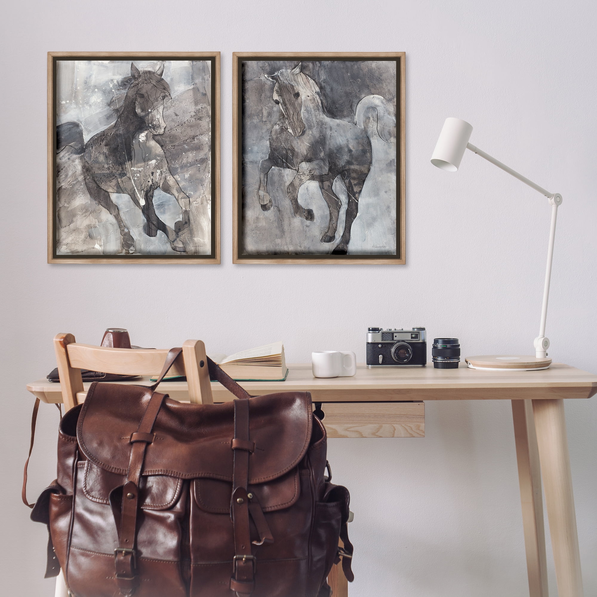 Stupell Industries Free Spirit Wind Dancer Horse Animals Painting Brown Floater Framed Canvas Art Print Wall Art, 31 x 25, Set of 2