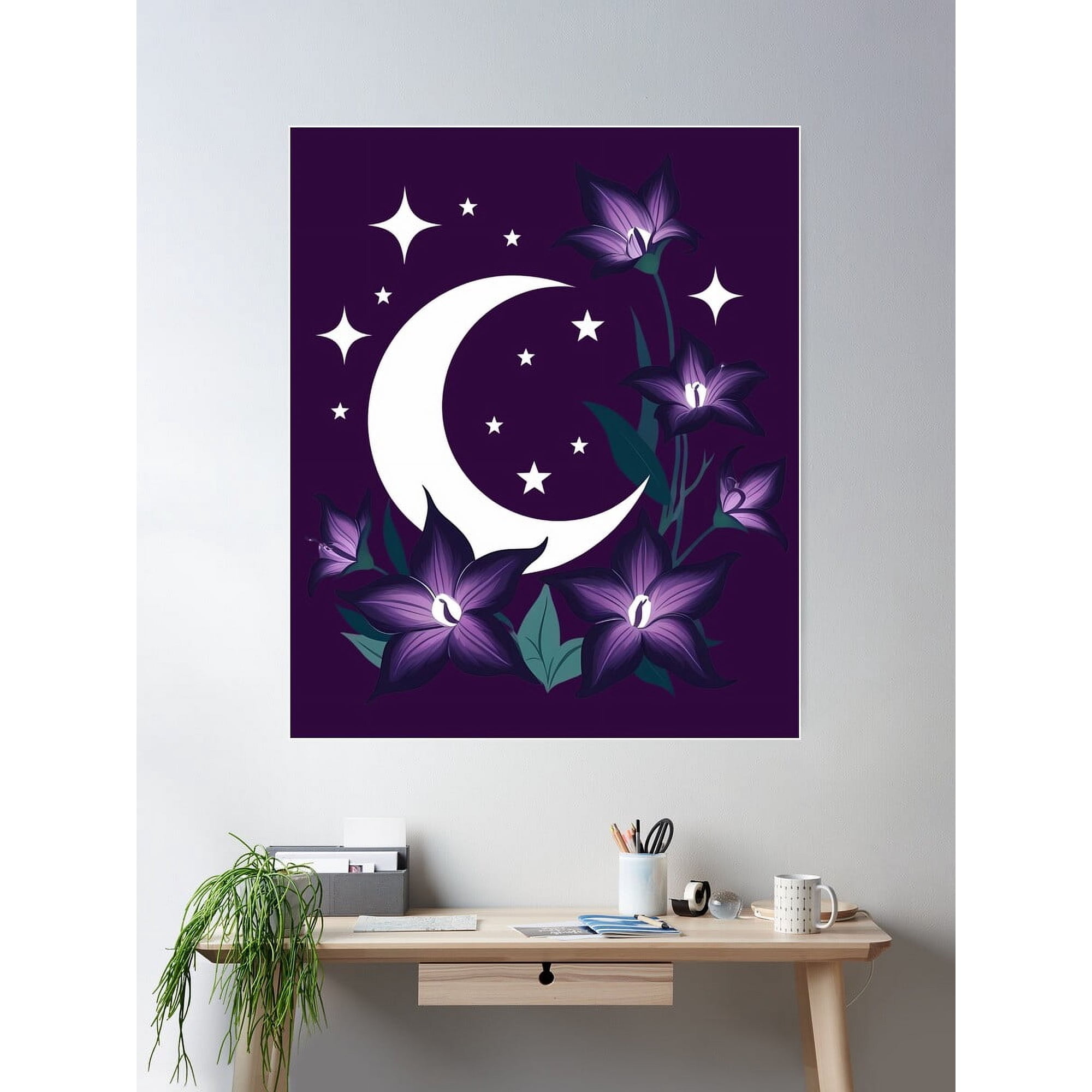 Moonlit Floral Enchantment €“ Celestial Crescent Moon And Mystical Purple Flowers Poster Wall Art Modern Wall Decor For Living Room Bedroom 12x18 UNFRAMED