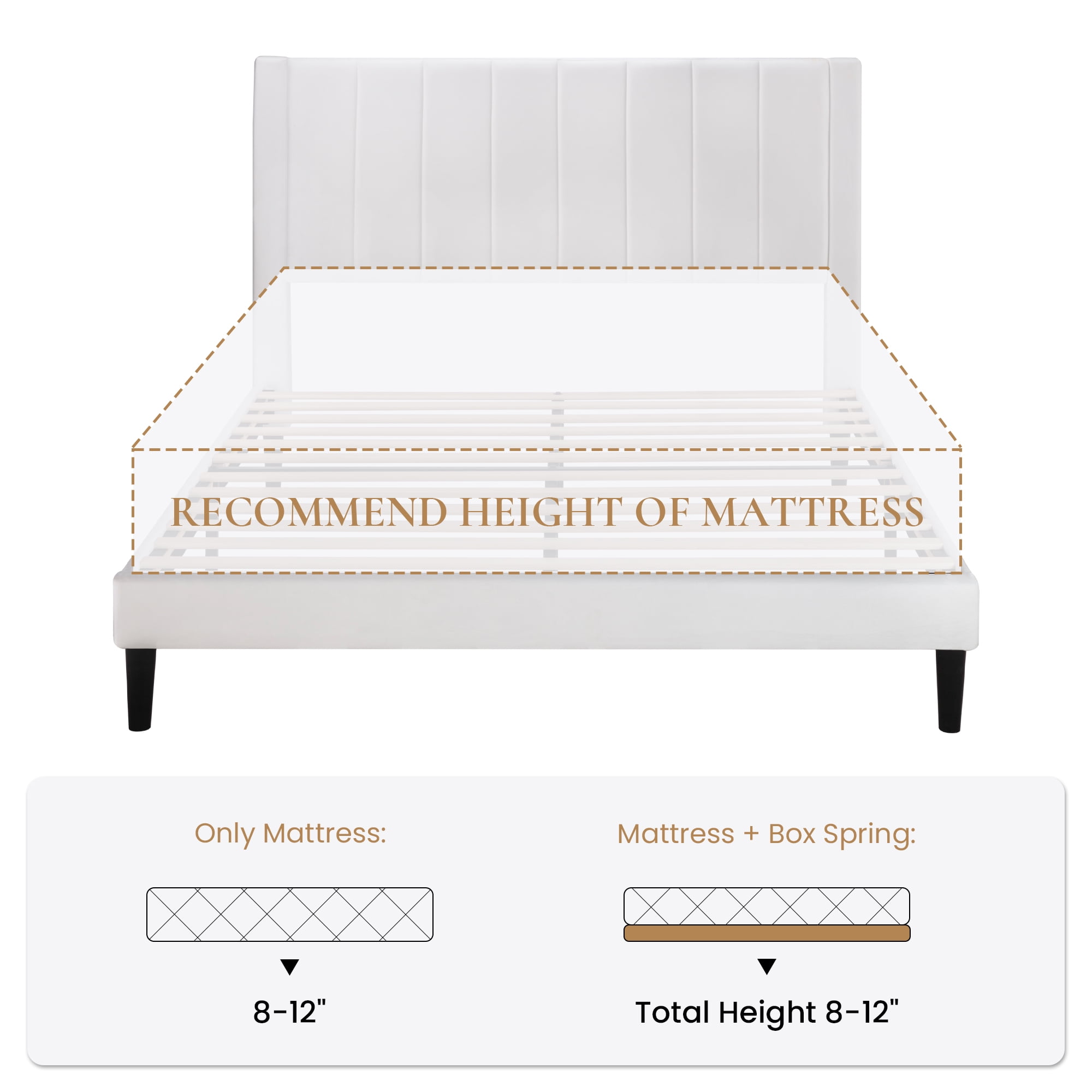 SHA CERLIN White Queen Size Platform Bed Frame with Velvet Channel Headboard, Adult
