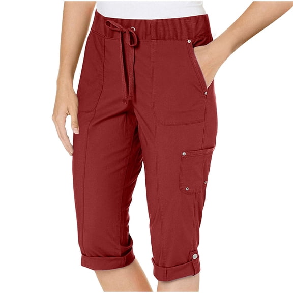 Dweltoz Capri Pants for Women Joggers Stretch Lightweight Women’s Casual Pant Capri with Drawstring,Wine 2XL