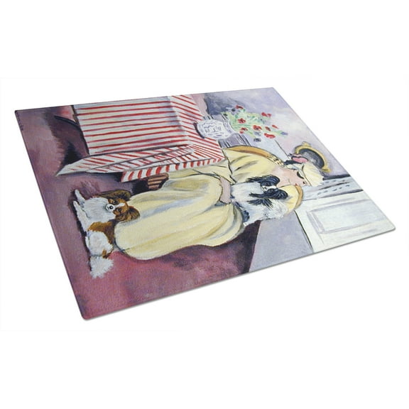 Caroline's Treasures Lady with her Papillon Glass Cutting Board Large