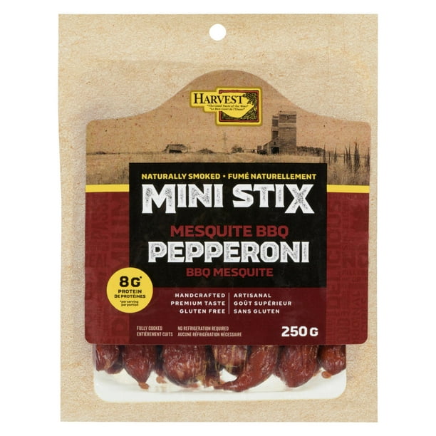 Pepperoni à saveur de barbecue mesquite Mini-Stix de Harvest sans gluten 250 g