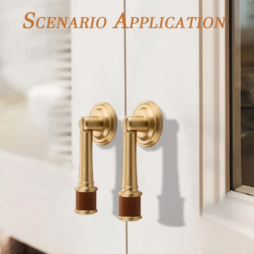 CATPAN 2Pcs Brass Walnut Drawer Pulls, Gold Brushed Cabinet Handles, Single Hole Cabinet Pull with Walnut Pendant, Antique Cabinet Knobs for Home Kitchen Office Cabinets Drawers Dresser Cupboard