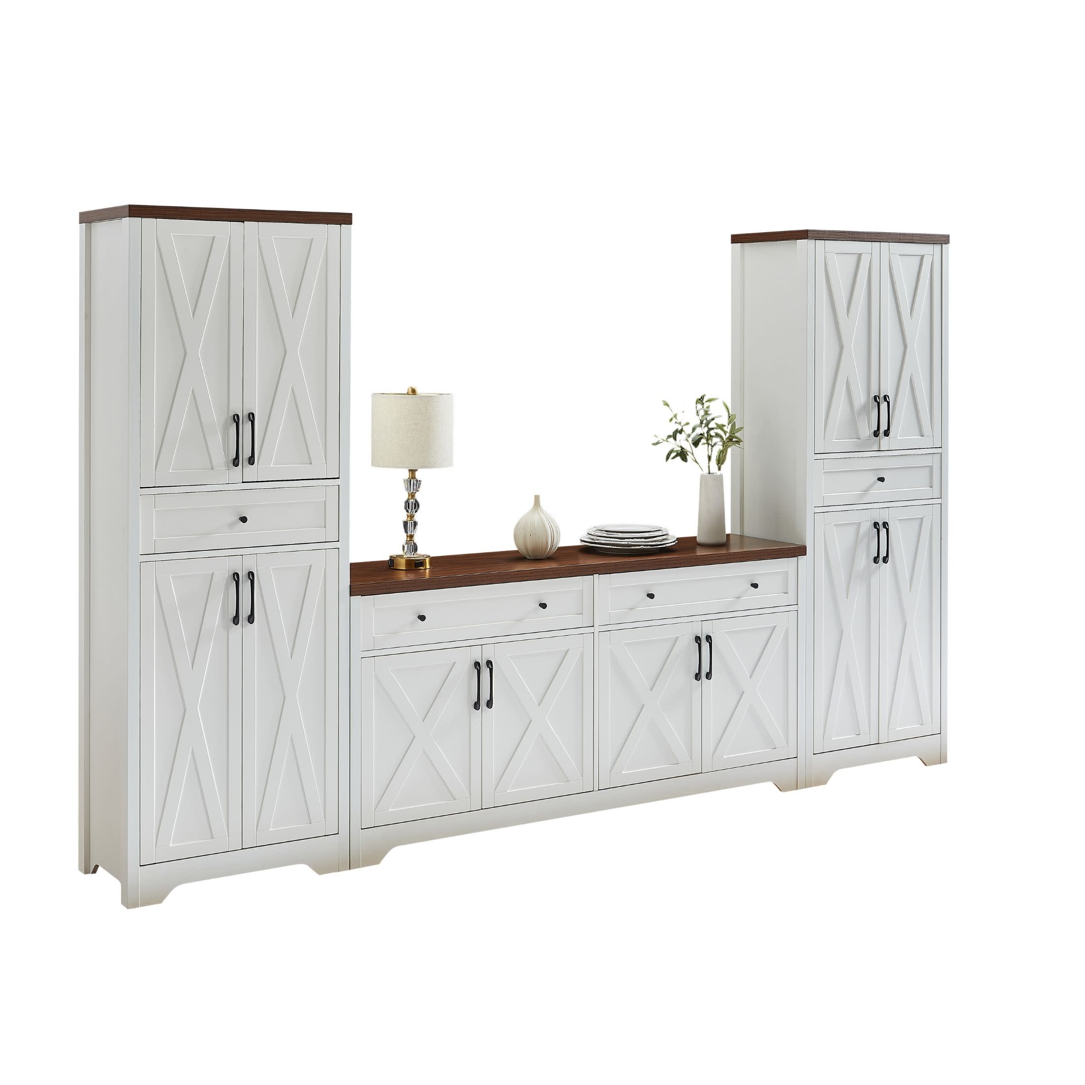 Noble House 108" Multifunctional TV Cabinet Set with Sideboards & Overhead Bridge, Storage for Living Room, White + Walnut