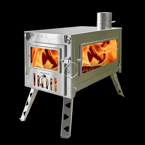 DANCHEL OUTDOOR HS6 stainless steel collapsible tent stove features an observation side glass window and a 2.5M chimney pipe, perfect for simple outdoor cooking during winter.