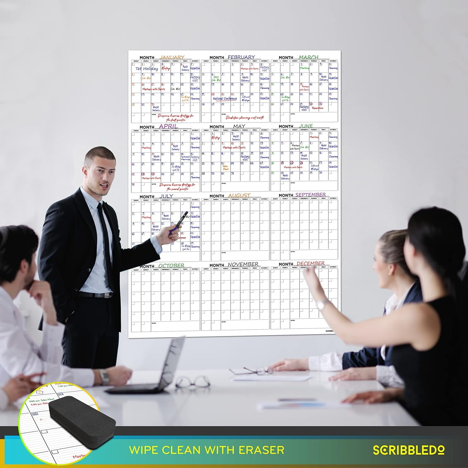 Scribbledo Large White Board Calender 2025, Dry Erase Calendar Whiteboard with 6 Markers, 48" x 36"