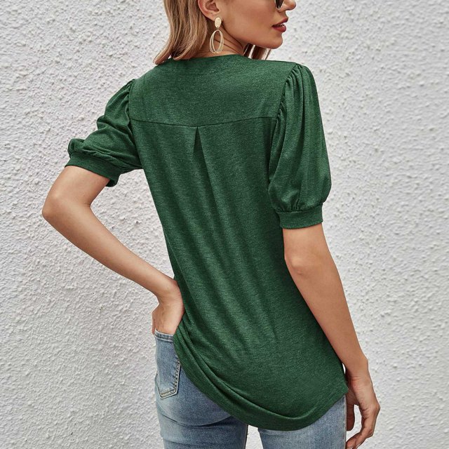 Female Puff Sleeve Top, V Neck Casual Fit Puff Sleeve Blouse Fashionable For Summer
