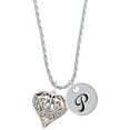 thumbnail image 1 of Delight Jewelry Silvertone Large Open Filigree Heart Silvertone Script Initial Disc - P - Charm Necklace, 20"+3", 1 of 4